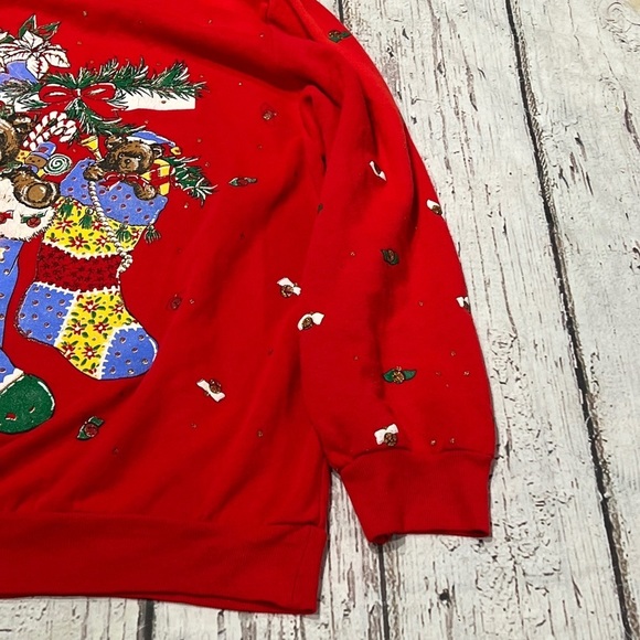 Vintage Holiday Time Christmas Bear Stockings 1980s Ugly Sweater Sweatshirt - Picture 6 of 8